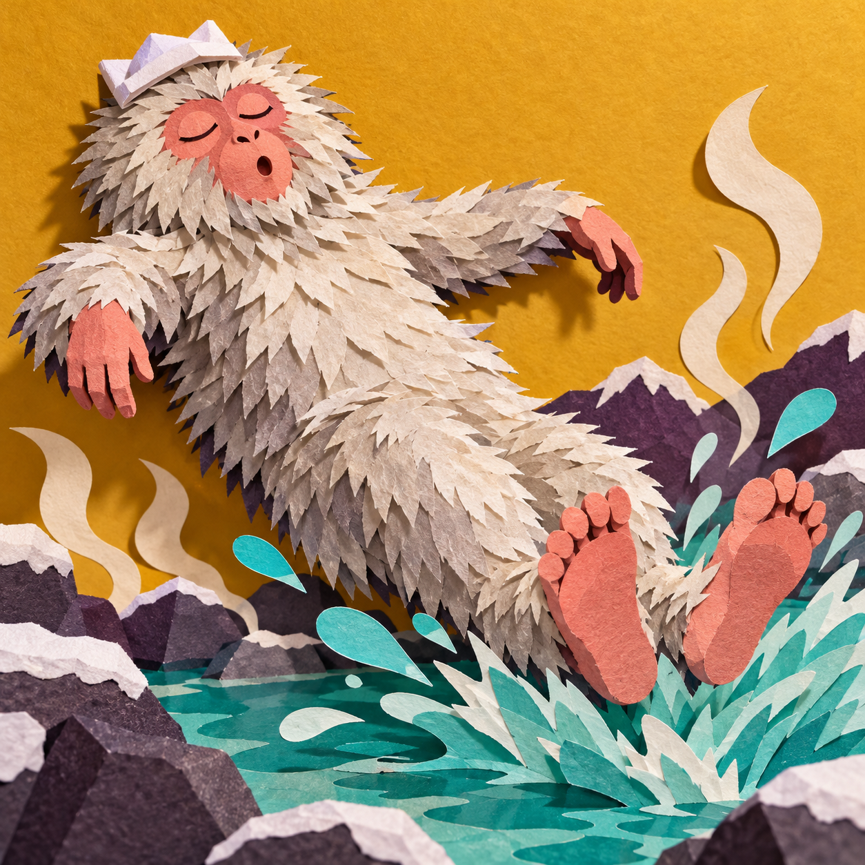 A handmade paper-cut Spa Kong slides diagonally, feet first, into a turquoise hot spring. His pink face is blissfully relaxed beneath a white towel crown. Layered paper fur, splash and steam cast real shadows.